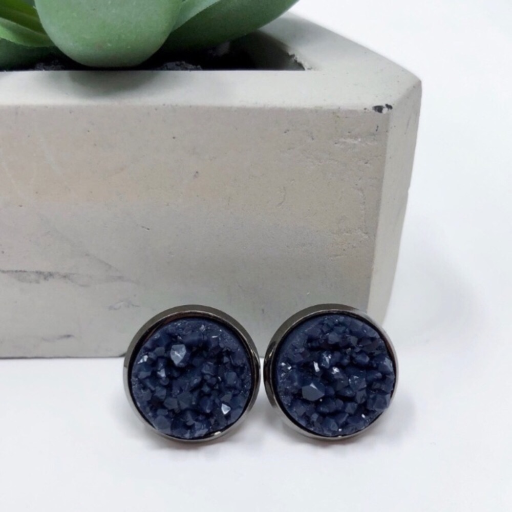 Navy Gunmetal Druzy Earrings